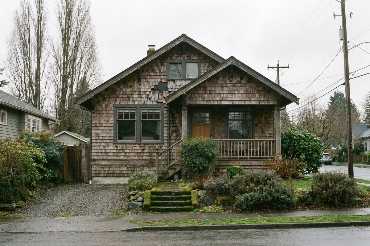Weathered gray splitting cedar shingle siding before