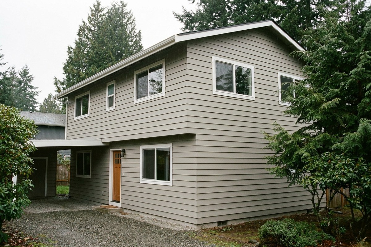Same home re-clad in clean fiber cement lap siding