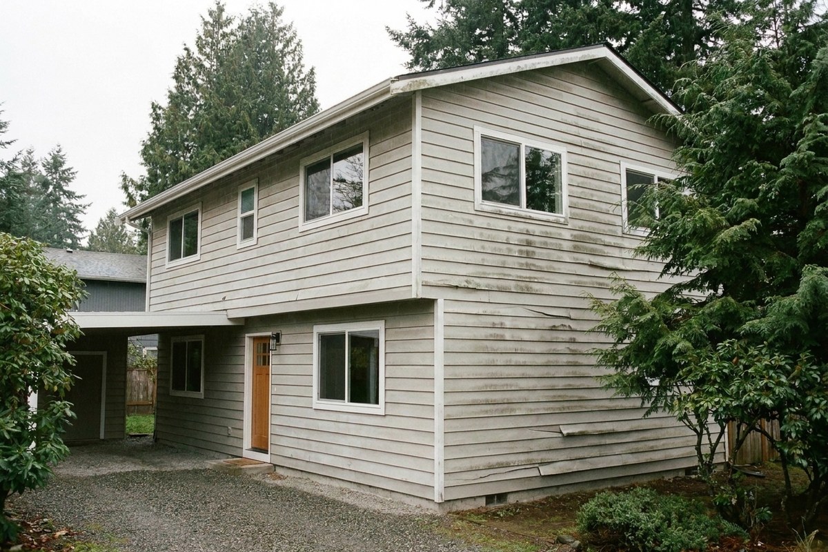 Dated home with chalky vinyl siding before fiber cement re-side