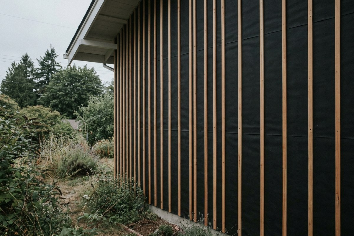 Clean vertical furring-strip rainscreen over new weather barrier