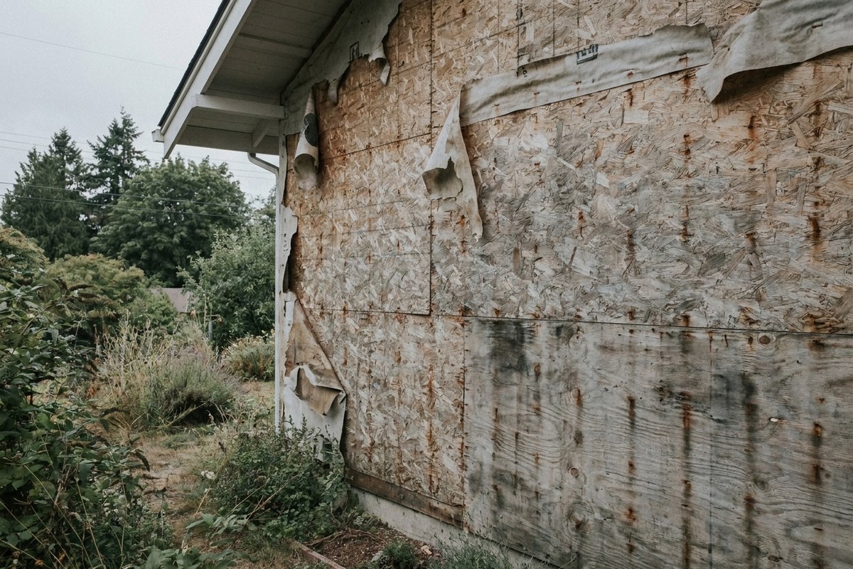Bare wall sheathing with old torn house-wrap before