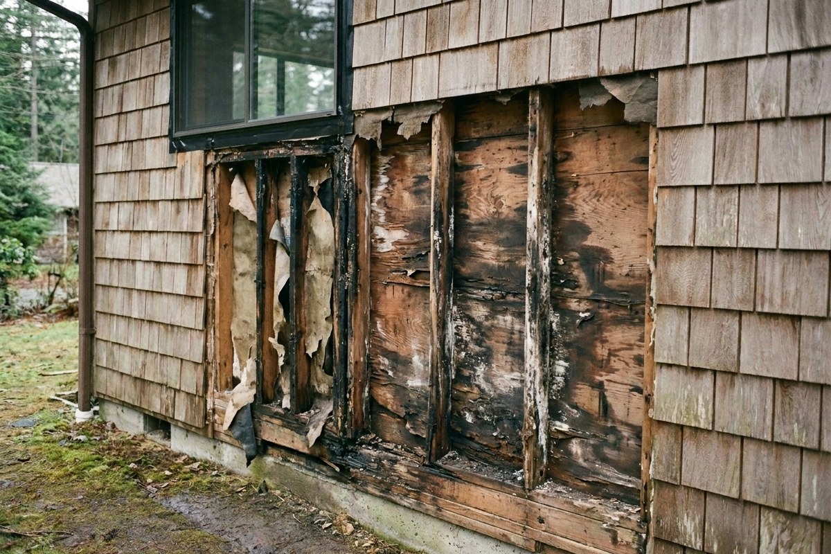 Wall opened up showing water-stained sheathing and rot